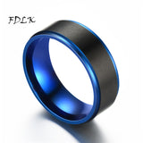 FDLK  Men's fashion 8MM Black Brushed Ladder Edge Stainless Steel Ring Blue Groove Men Wedding Ring Gifts For Men