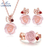 LAMOON Flower Rose Sterling Silver 925 Jewelry Sets Rose Quartz Gemstones 18K Rose Gold Plated Fine Jewelry silver set V033-1