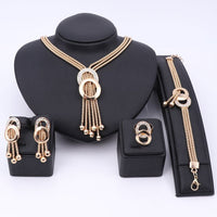 African Jewelry Sets Women Wedding Gold Color Crystal Tassel Necklace Fashion Bridal Ring Bracelet Earrings Accessories