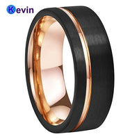 Mens Womens Wedding Band Tungsten Carbide Ring Black Rose Gold With Offset Groove And Brush Finish