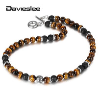 8mm Natural Tiger Eyes Stone Lava Bead Necklace for Women Men 18-20inch Link Chain Stainless Steel Bead Charm Necklace LTNB002