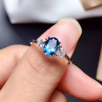 Natural Topaz Ring, S925 Sterling Silver Natural London Blue Topaz Lady Gem Ring, Simple Style Ring