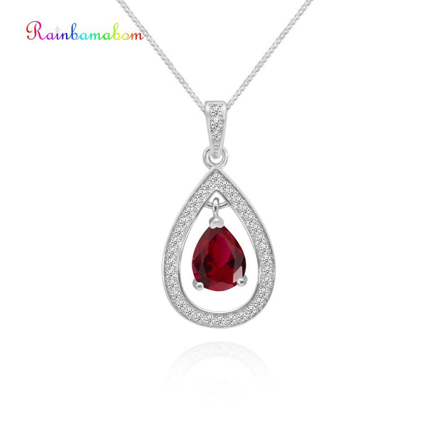 Rainbamabom Vintage Real 925 Solid Sterling Silver Ruby Gemstone Birthstone White Gold Pendant Necklace Jewelry Gift Wholesale