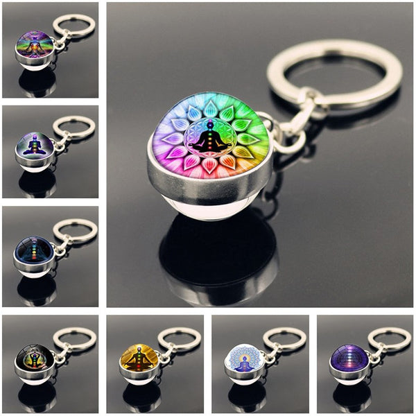 7 Chakra Yoga Meditation Glass Ball Key Chain Chakra Reiki Healing Silver Color Keychain Spiritual Jewelry for Men Women Gift