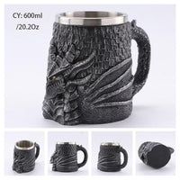 Medieval Dragon Resin Stainless Steel Beer Mug 600ml Retro Tankard Skull Coffee Cup Tea Mug Tumbler Pub Bar Decor Drop Shipping