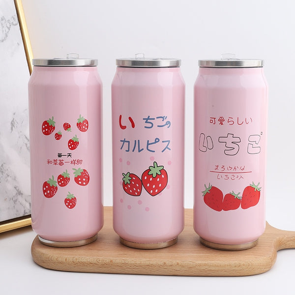 Cute Strawberry Insulated Water Bottle Stainless Steel Thermos Portable Wide Mouth Can Cup Travel Bottle 500ml