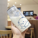 450ml Cartoon Bear Glass Water Bottle Thick Heat Resistance Drinking Bottles Cute Milk Coffee Tumblers for Student Girl Gift