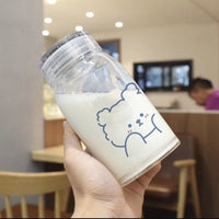 450ml Cartoon Bear Glass Water Bottle Thick Heat Resistance Drinking Bottles Cute Milk Coffee Tumblers for Student Girl Gift