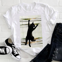 Women Cute Cat Striped Cute Face Clothing 2021 Funny Printing Animal Clothes Print Tshirt Female Tee Top Ladies Graphic T-shirt