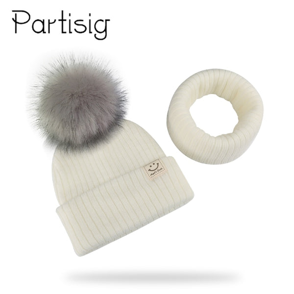 Winter Unisex Faux Fur Pompon Hat Scarf For Kids Boys Girls Knitted Baby Caps With Pompom Bonnet Children&#39;s Accessories