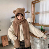 Cute Bear Ear Hat Scarf Gloves Set Winter Women Novelty Caps Warm Casual Plush Hats Casual Solid Fleece Girl Kawaii Accessories