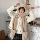 Cute Bear Ear Hat Scarf Gloves Set Winter Women Novelty Caps Warm Casual Plush Hats Casual Solid Fleece Girl Kawaii Accessories