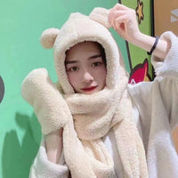 Cute Bear Ear Hat Scarf Gloves Set Winter Women Novelty Caps Warm Casual Plush Hats Casual Solid Fleece Girl Kawaii Accessories