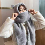 Cute Bear Ear Hat Scarf Gloves Set Winter Women Novelty Caps Warm Casual Plush Hats Casual Solid Fleece Girl Kawaii Accessories