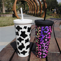 22oz customized black matte cup with straw and lid Cow Cheetah double wall matte tumbler with name personalized gifts for women