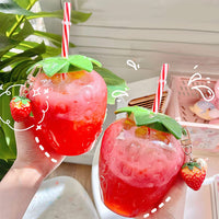 Summer Water Bottle Cartoon Kawaii Strawberry Straw Plastic Cup Lovely Girl Milk Tea Coffee Cup Student Portable Water Tumbler