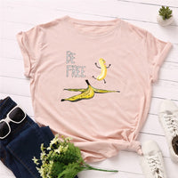 Summer Women's Cotton T-shirt Fruit Banana Print Tops Short Sleeve Tees Crew Neck Be Free Funny Female Graphic Casual Shirts