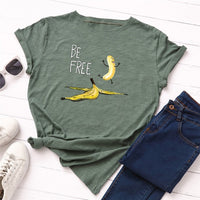 Summer Women's Cotton T-shirt Fruit Banana Print Tops Short Sleeve Tees Crew Neck Be Free Funny Female Graphic Casual Shirts