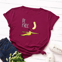 Summer Women's Cotton T-shirt Fruit Banana Print Tops Short Sleeve Tees Crew Neck Be Free Funny Female Graphic Casual Shirts