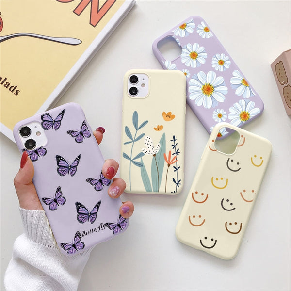 Luxury Flower Case For iPhone 12 Mini 11 13 Pro Max X XR XS Max 7 8 6 6s Plus 5 SE 2020 Soft TPU Bumper Matte Smiley Back Cover