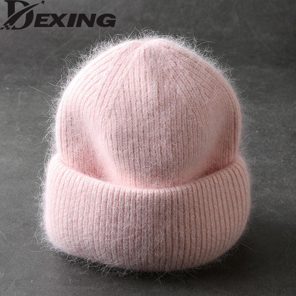 2021 Fashion Fabbit Fur Soft Warm Fluffy  Winter Hat for women Angora Knitted Hat  skullies beanies Female bonnet woman knit Cap