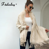 Fitshinling Fur Collar Winter Shawls And Wraps Bohemian Fringe Oversized Womens Winter Ponchos And Capes Batwing Sleeve Cardigan