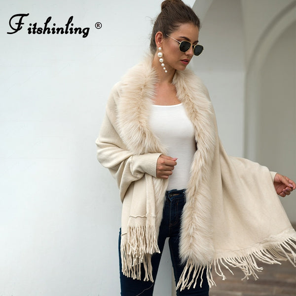 Fitshinling Fur Collar Winter Shawls And Wraps Bohemian Fringe Oversized Womens Winter Ponchos And Capes Batwing Sleeve Cardigan