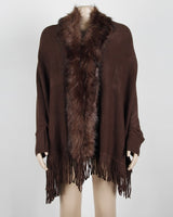 Fitshinling Fur Collar Winter Shawls And Wraps Bohemian Fringe Oversized Womens Winter Ponchos And Capes Batwing Sleeve Cardigan