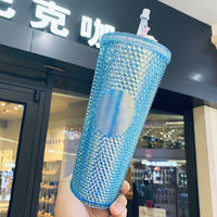 710ml Coffee Cup Summer Holiday Cold Water Mug Tumbler Cup With Straw Double Layer Plastic Durian Diamond Radiant Goddess Cups