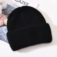 Winter Real Rabbit Fur Knitted Beanies For Women Fashion Solid Warm Cashmere Wool Skullies Beanies Female Three Fold Thick Hats