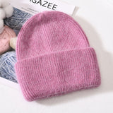 Winter Real Rabbit Fur Knitted Beanies For Women Fashion Solid Warm Cashmere Wool Skullies Beanies Female Three Fold Thick Hats