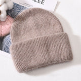 Winter Real Rabbit Fur Knitted Beanies For Women Fashion Solid Warm Cashmere Wool Skullies Beanies Female Three Fold Thick Hats