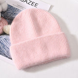 Winter Real Rabbit Fur Knitted Beanies For Women Fashion Solid Warm Cashmere Wool Skullies Beanies Female Three Fold Thick Hats