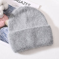 Winter Real Rabbit Fur Knitted Beanies For Women Fashion Solid Warm Cashmere Wool Skullies Beanies Female Three Fold Thick Hats