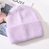 Winter Real Rabbit Fur Knitted Beanies For Women Fashion Solid Warm Cashmere Wool Skullies Beanies Female Three Fold Thick Hats