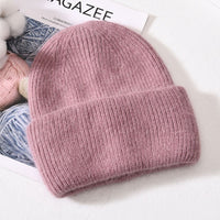 Winter Real Rabbit Fur Knitted Beanies For Women Fashion Solid Warm Cashmere Wool Skullies Beanies Female Three Fold Thick Hats