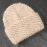 Winter Real Rabbit Fur Knitted Beanies For Women Fashion Solid Warm Cashmere Wool Skullies Beanies Female Three Fold Thick Hats