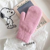 New Women Winter Keep Warm Plus Cashmere Solid Elasticity Soft Full Fingers Mittens Gloves Imitation Rabbit Fur Knitted Cute