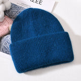 Winter Real Rabbit Fur Knitted Beanies For Women Fashion Solid Warm Cashmere Wool Skullies Beanies Female Three Fold Thick Hats