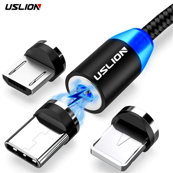 USLION Magnetic USB Cable For iPhone 12 11 Xiaomi Samsung Type C Cable LED Fast Charging Data Charge Micro USB Cable Cord Wire