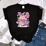 Tshirt For Woman Tsundere Cat Drinking Tea Women's Tshirt Oversize Fashion Women Clothing Funny Korean Style T-Shirts For Woman