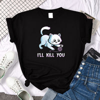 Tshirt For Woman Tsundere Cat Drinking Tea Women's Tshirt Oversize Fashion Women Clothing Funny Korean Style T-Shirts For Woman