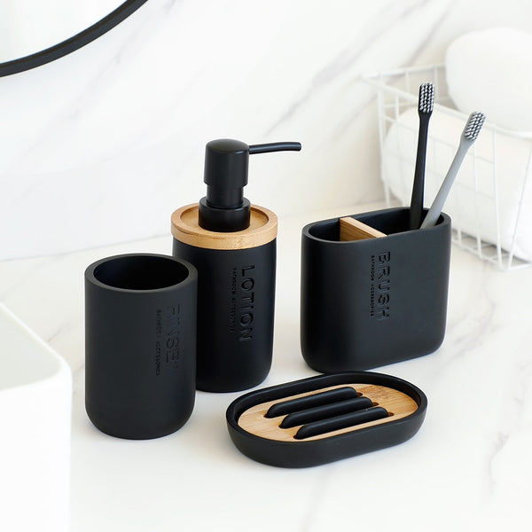 Bathroom Accessories Set Designer Soap Lotion Dispenser Toothbrush Holder Soap Dish Tumbler or Pump Bottle Cup Black and White